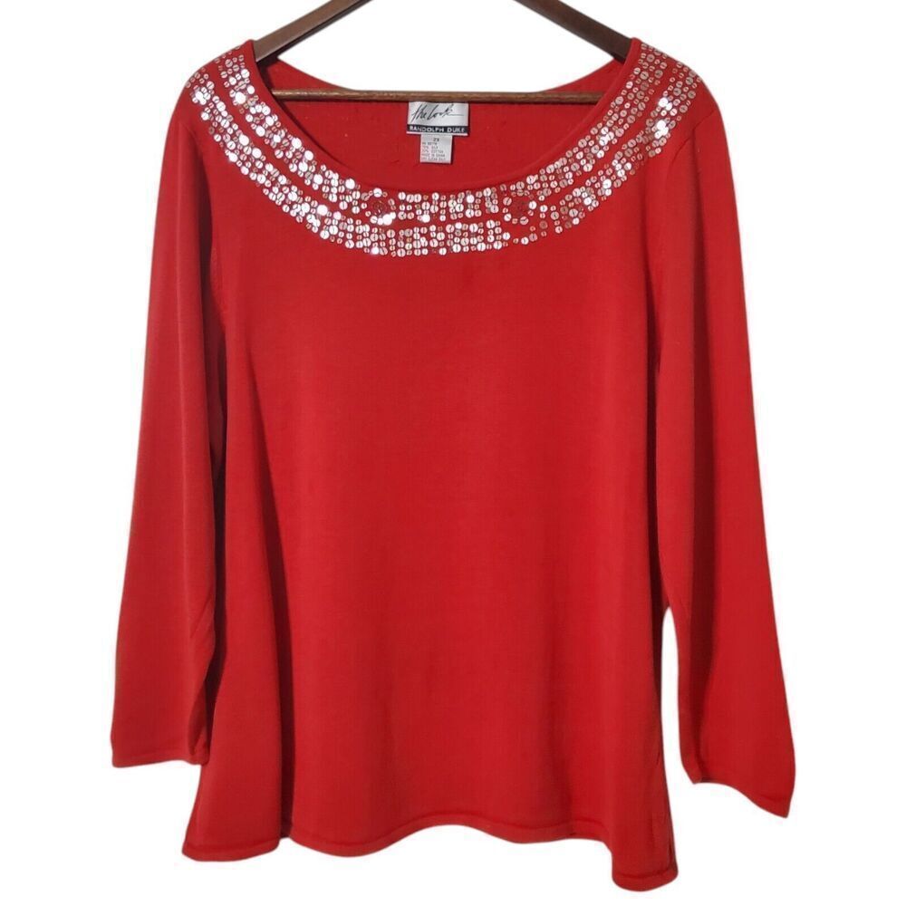 Randolph Duke The Look Silk Blend Top Shirt 2X Red Silver Sequin Neckline Womens